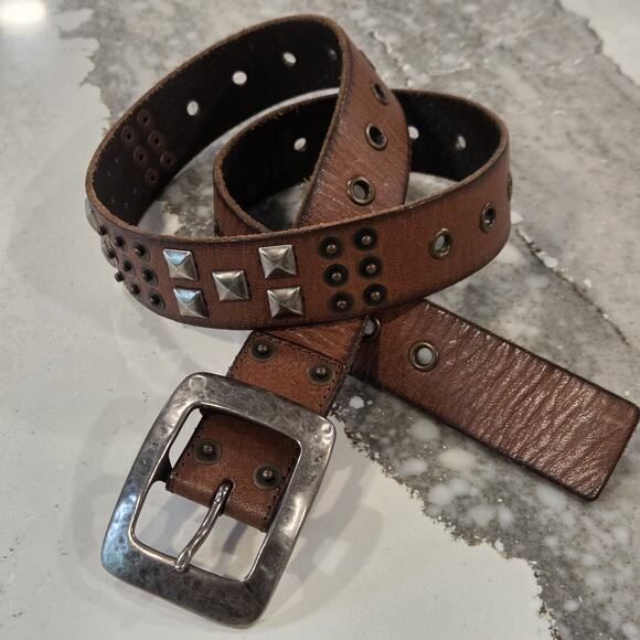 Distressed Leather Studded Belt L Hammered Silver Buckle Boho Western Festival main image 9